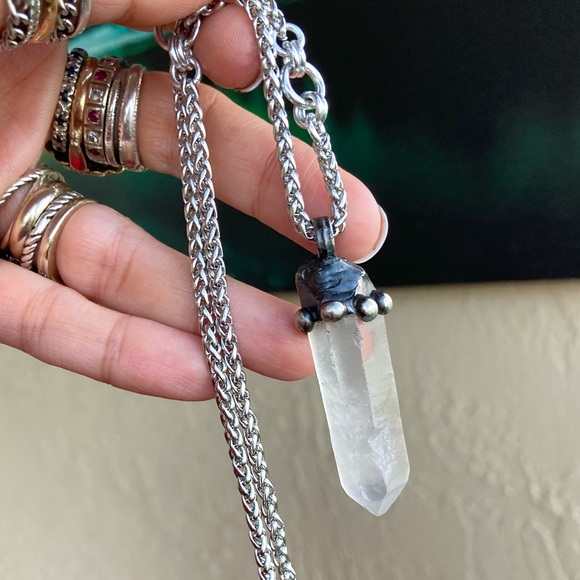 Natural raw clear crystal quartz gemstone boho goth stone charm steel necklace - Picture 9 of 16